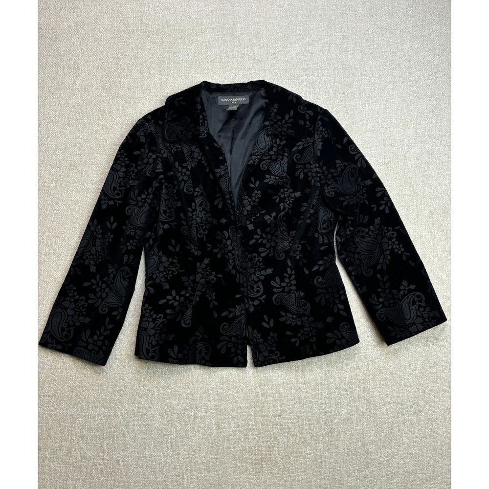 Banana Republic Womens Black Velvet Paisley Floral Blazer Jacket Size M Hook Eye